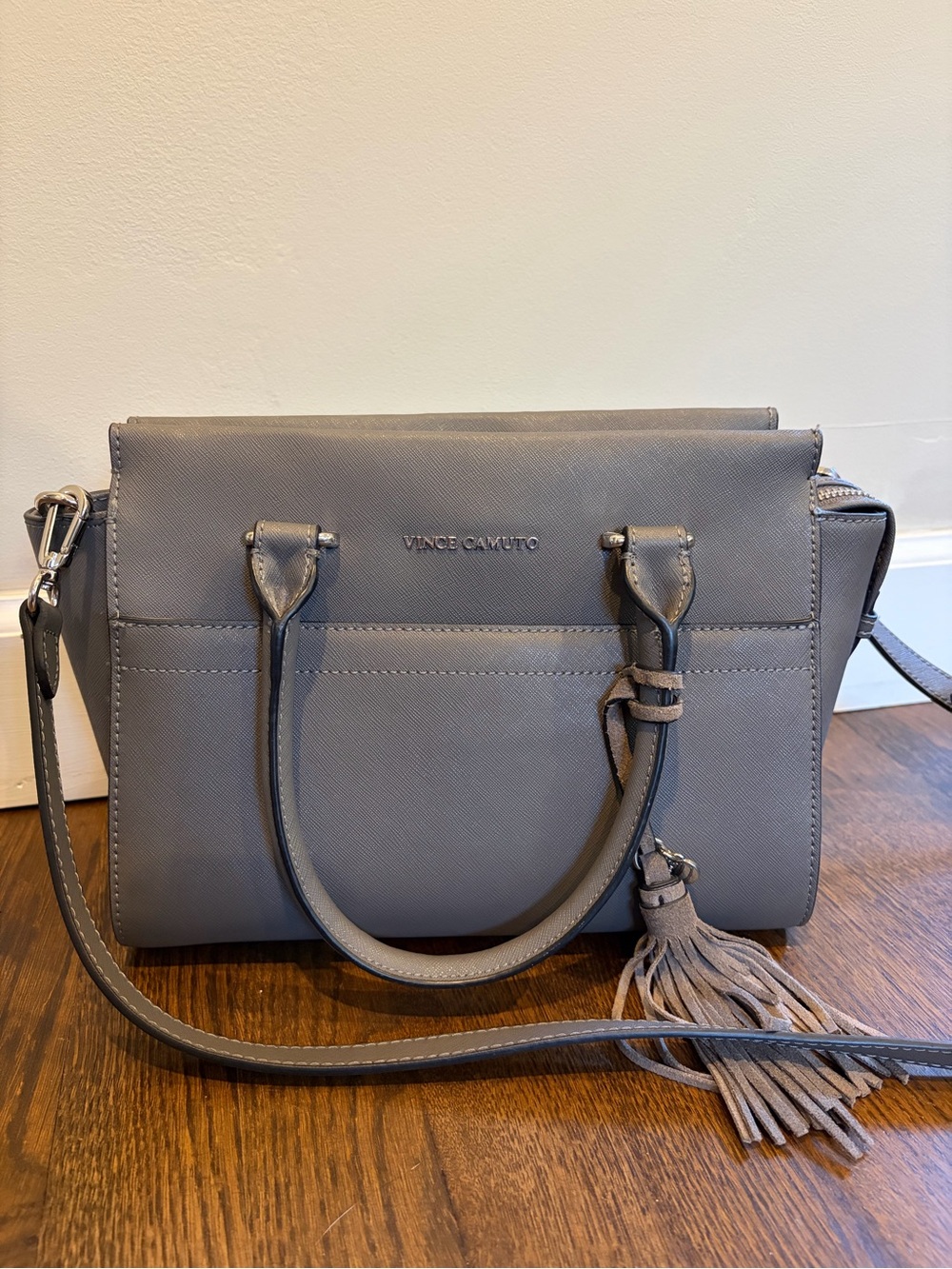 Vince Camuto Slate Gray Leather Satchel with Tassel